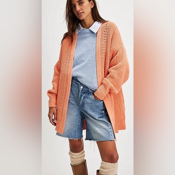 NWOT Free People Nightingale Cardigan S Peach Orange New Sweater $108 Pockets - Picture 4 of 7
